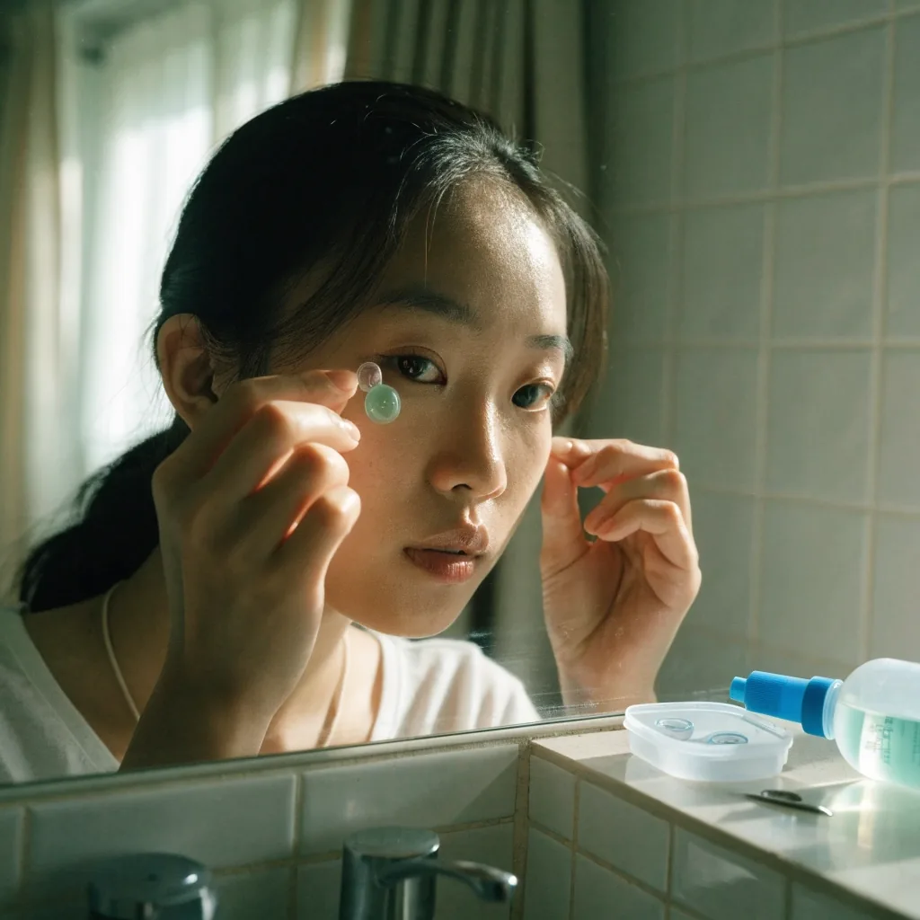 An open contact lens case and solution bottle on a bright bathroom counter