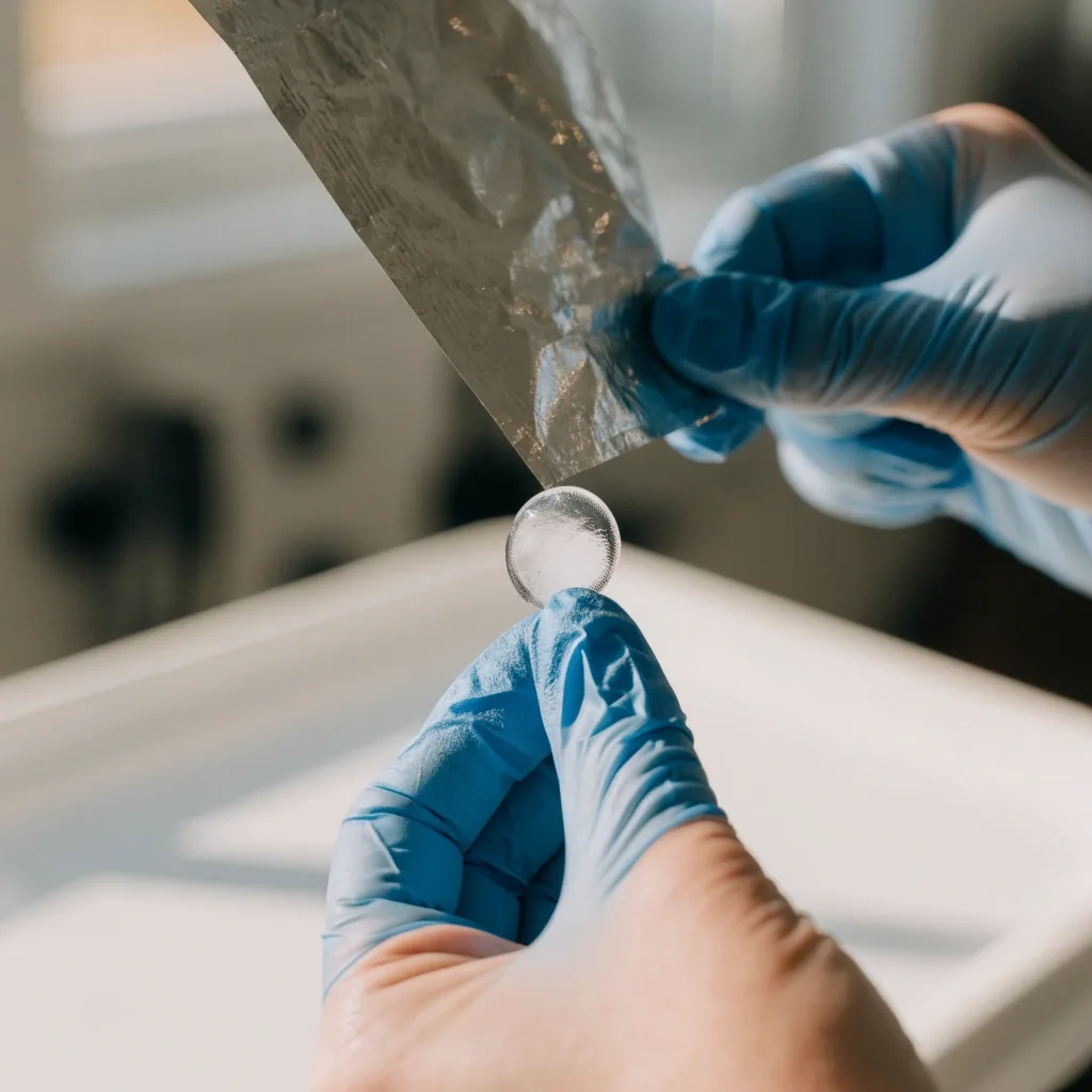 An eye-care professional lifting a clear disposable contact lens from its packaging