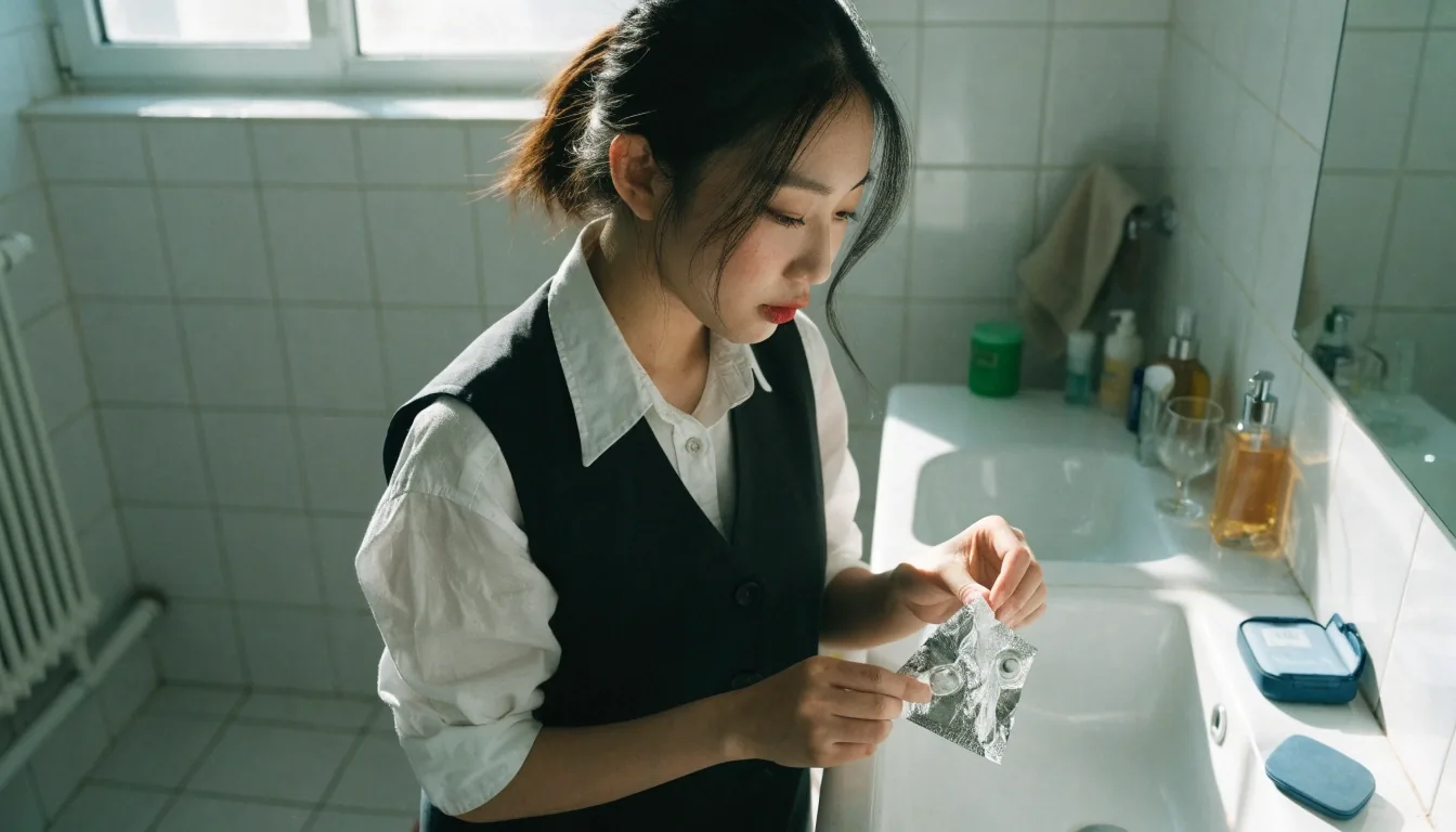 A bright counter with a plain mirror, open lens case, clear solution bottle and a folded towel
