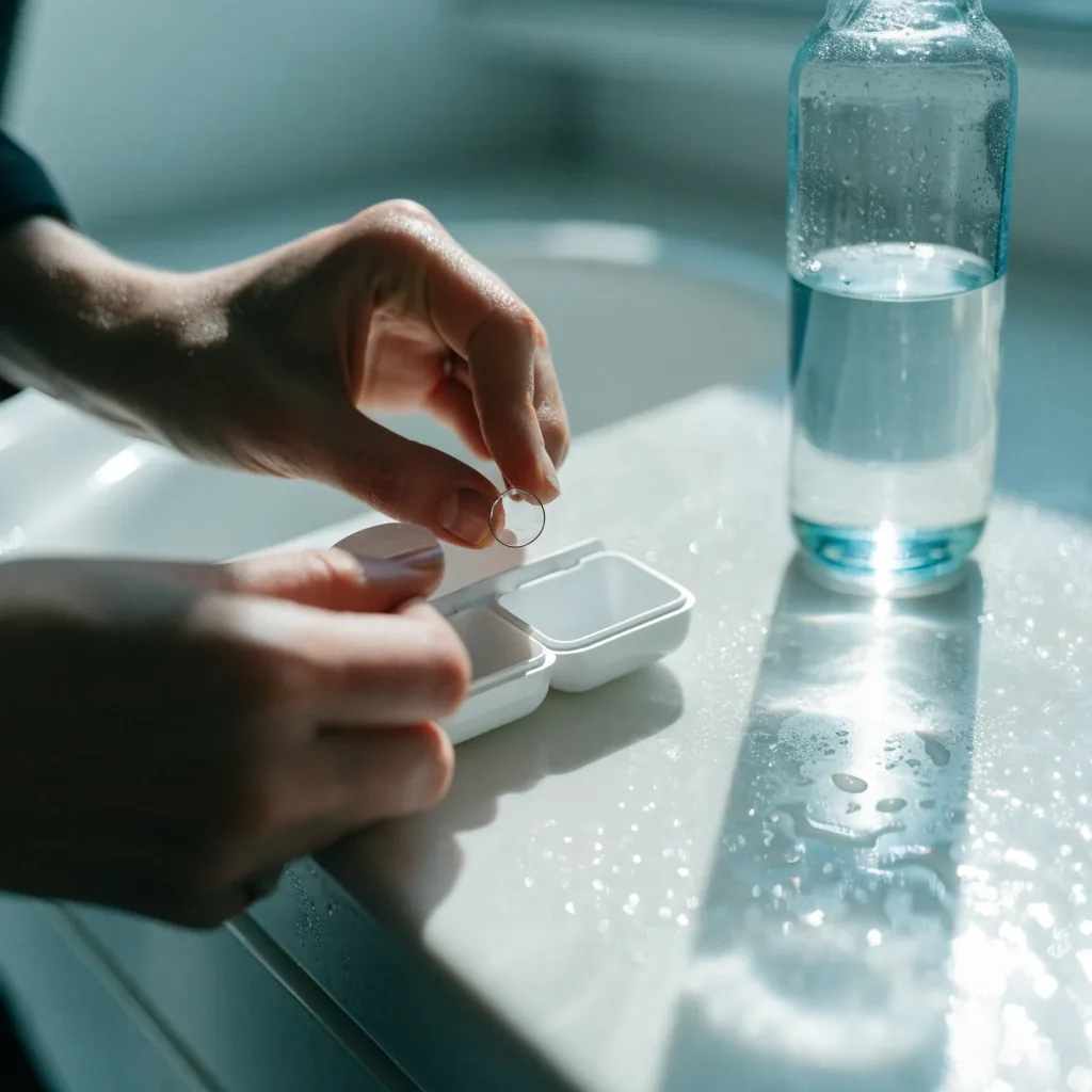 A solution bottle and lens case on a bright counter, illustrating how messages about hygiene routines are handled