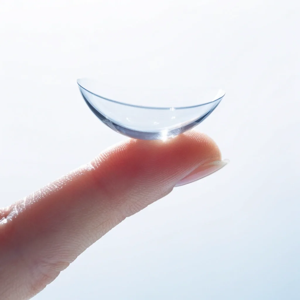 A single soft contact lens resting on a clean fingertip in bright daylight