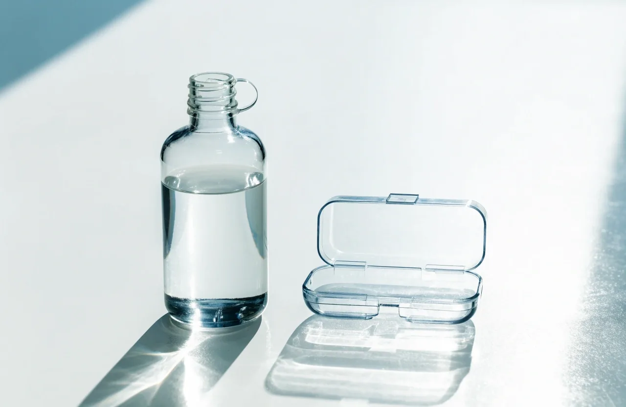 A clear solution bottle and an open lens case on a bright white bench