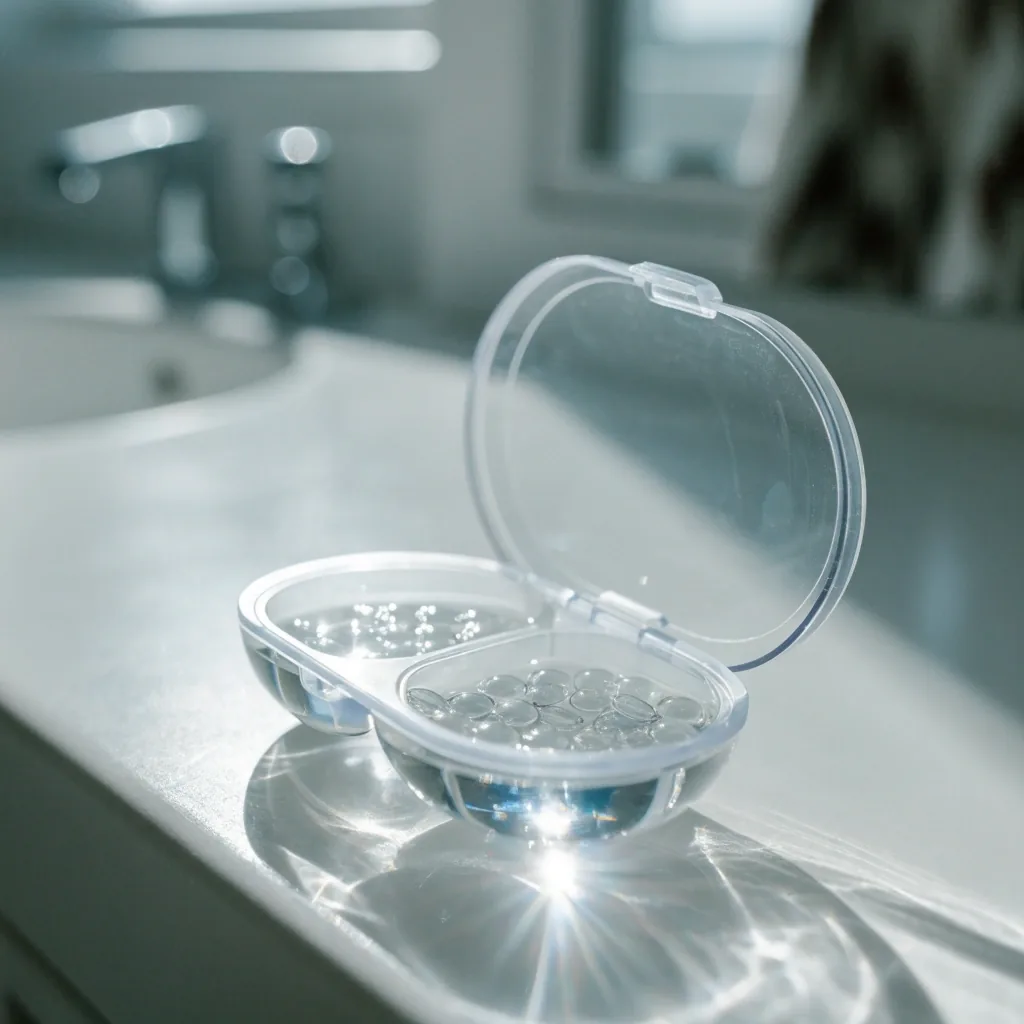 An open lens case with both chambers filled with clear solution in bright daylight