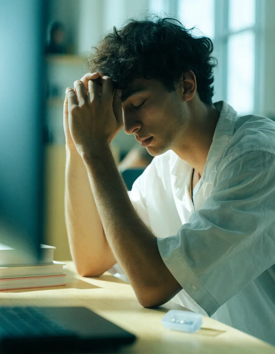 Person at a desk pausing from screen work with tired eyes, cool daylight through a window behind