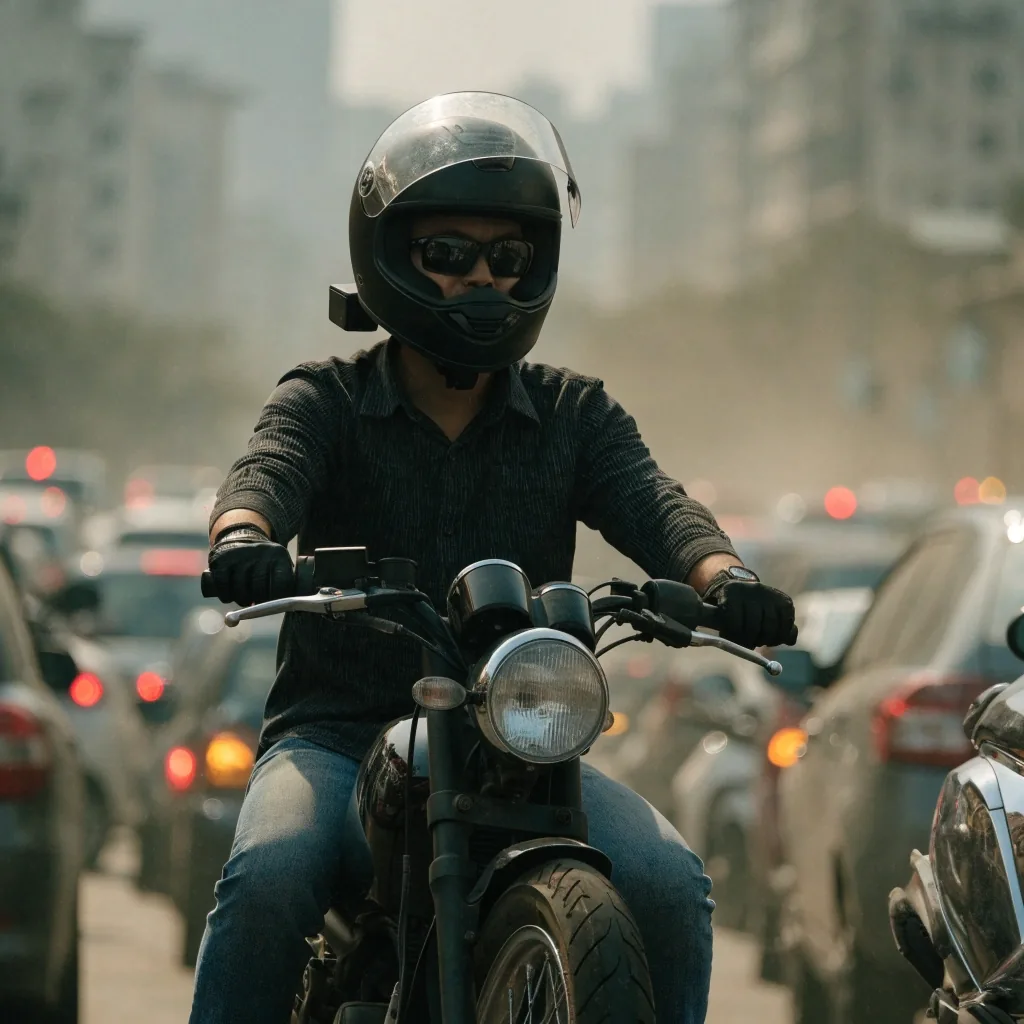 Scooter rider with a helmet visor waiting in Jakarta traffic on a bright hazy day