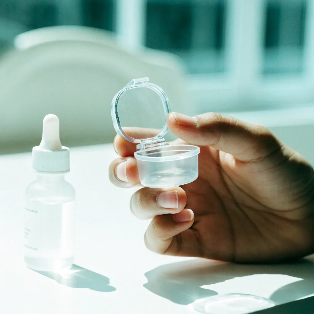 A hand holding a clear contact lens case, its inner chamber facing the camera in bright daylight
