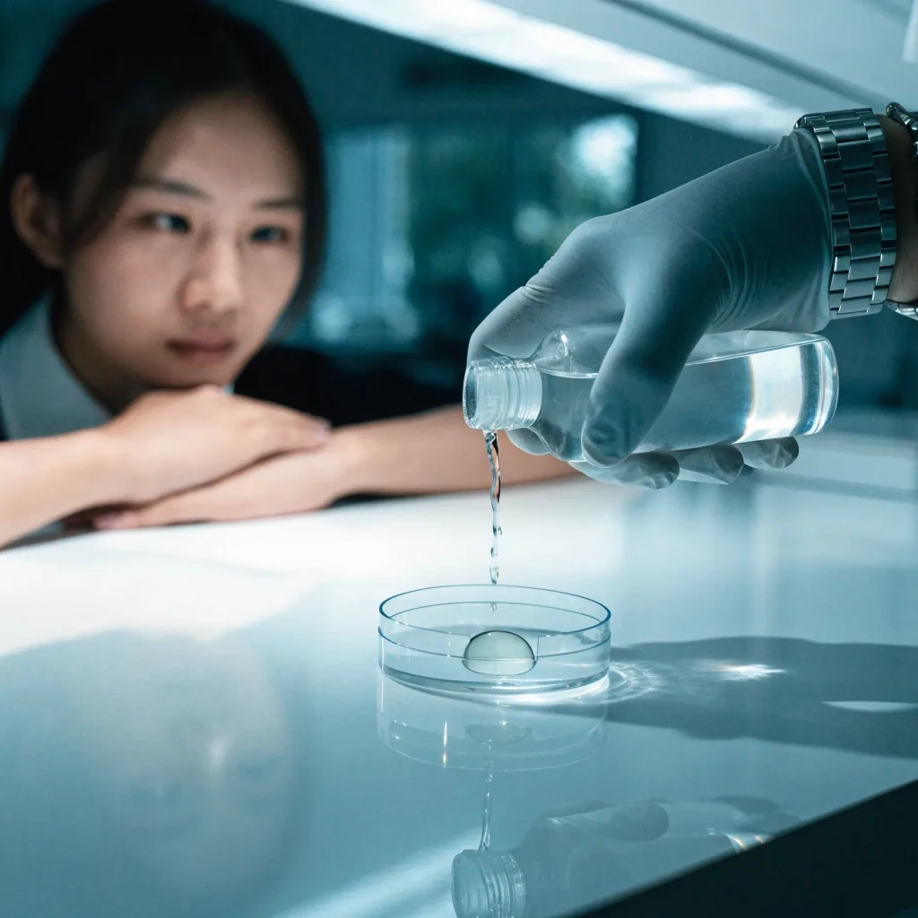 A clear contact lens solution bottle tipped mid-pour on a bright laminate surface