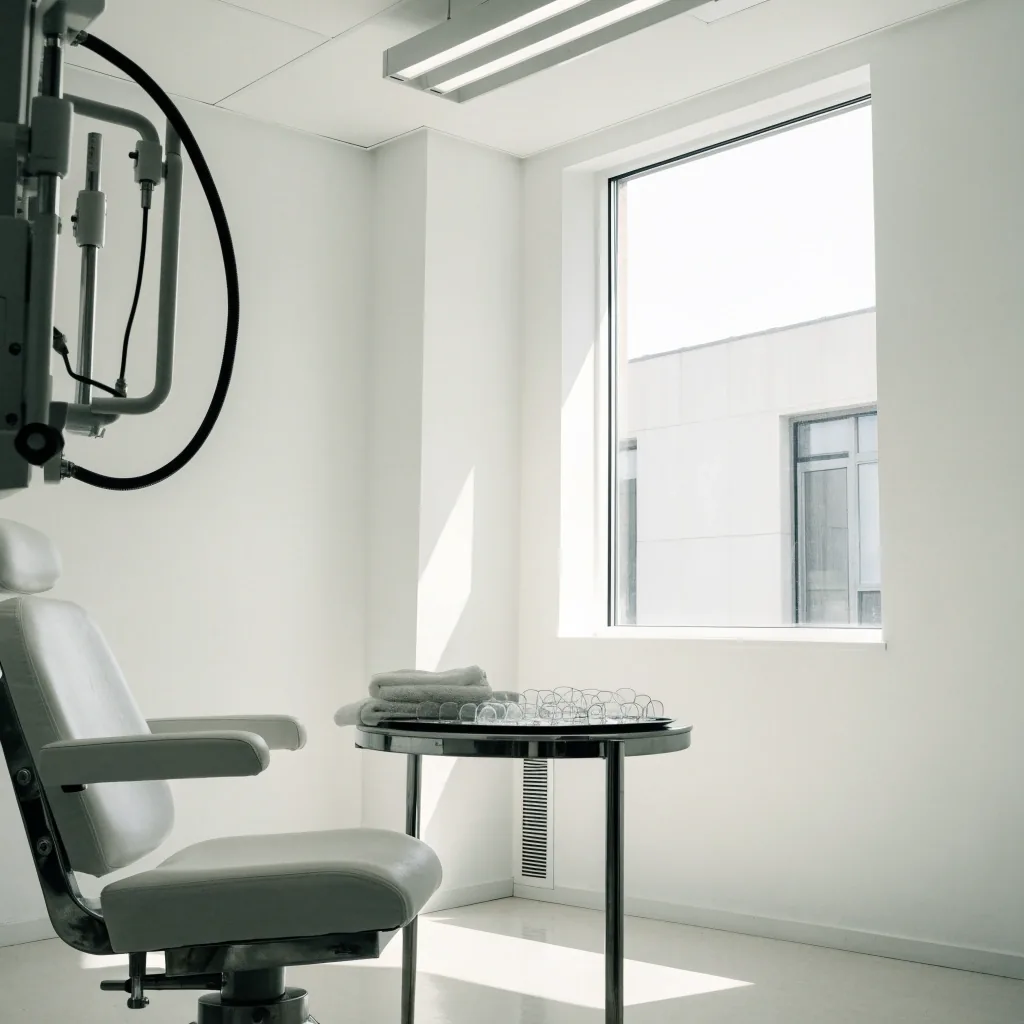 A bright un-peopled eye-care examination room with a clean white side table in cool daylight
