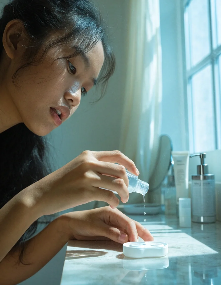 A clear contact lens solution bottle tipped mid-pour with a thin stream of liquid falling