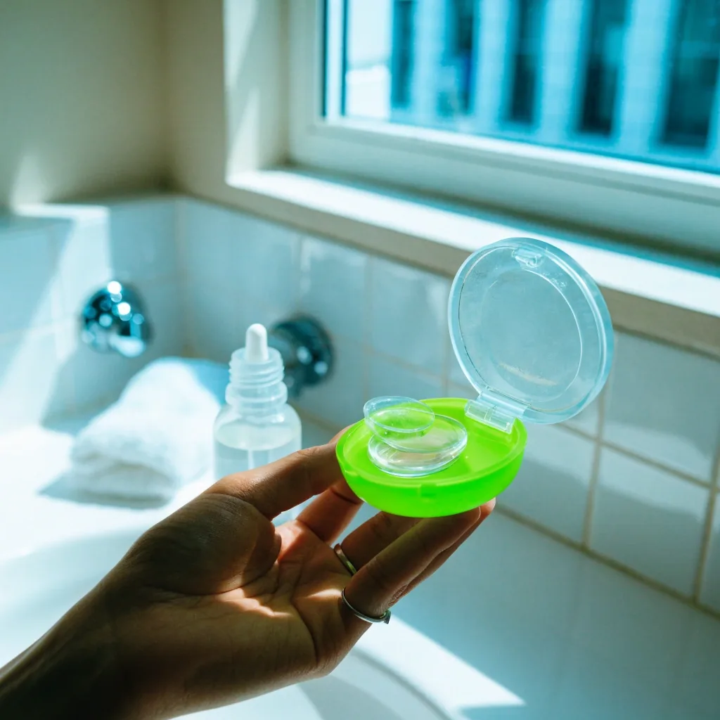 A bright bathroom counter with a plain mirror, a lens case, a clear solution bottle and a folded white towel in cool daylight