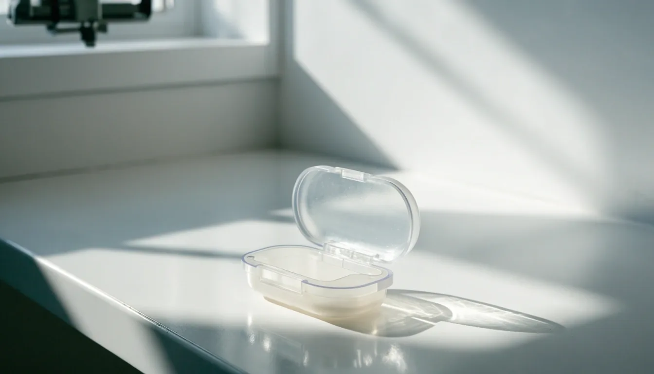 An empty contact lens case with its lids off on a bright white bench in raking daylight