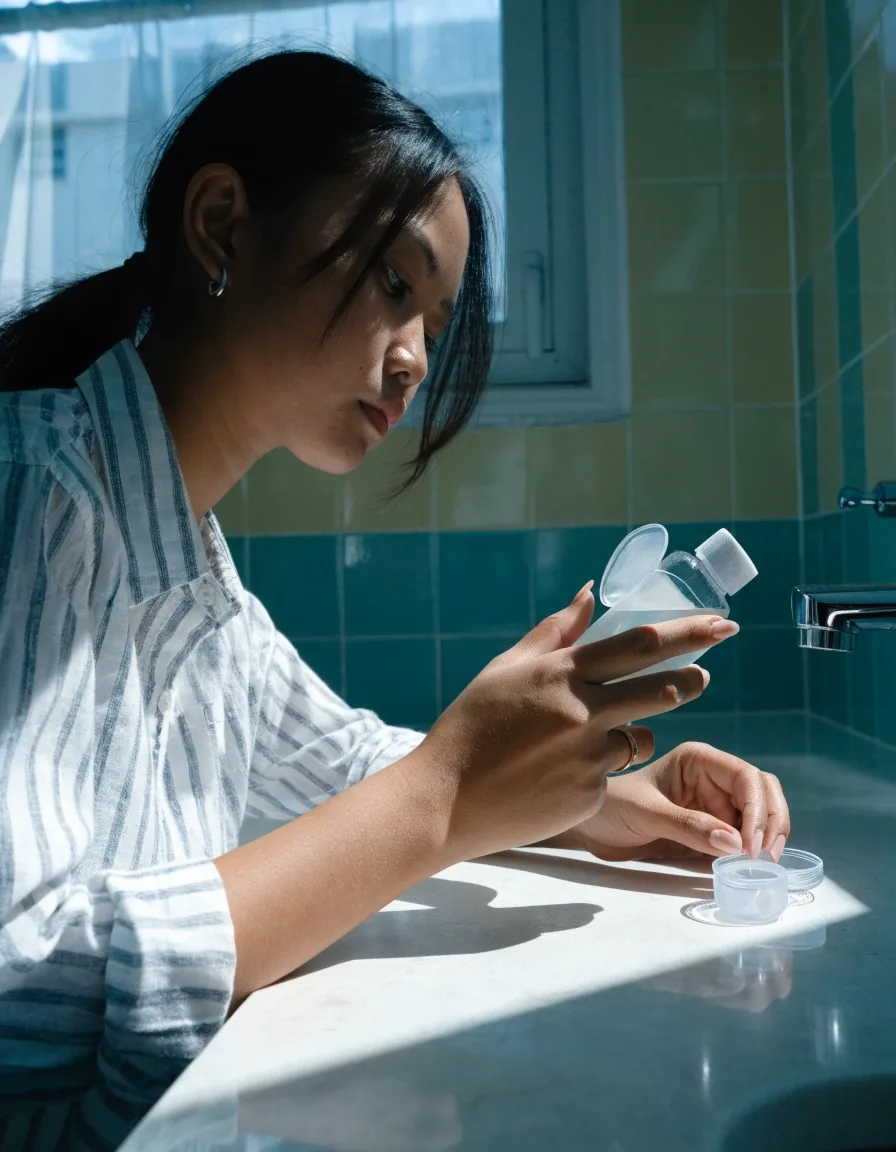 A clear contact lens solution bottle and an open lens case on a bright white counter