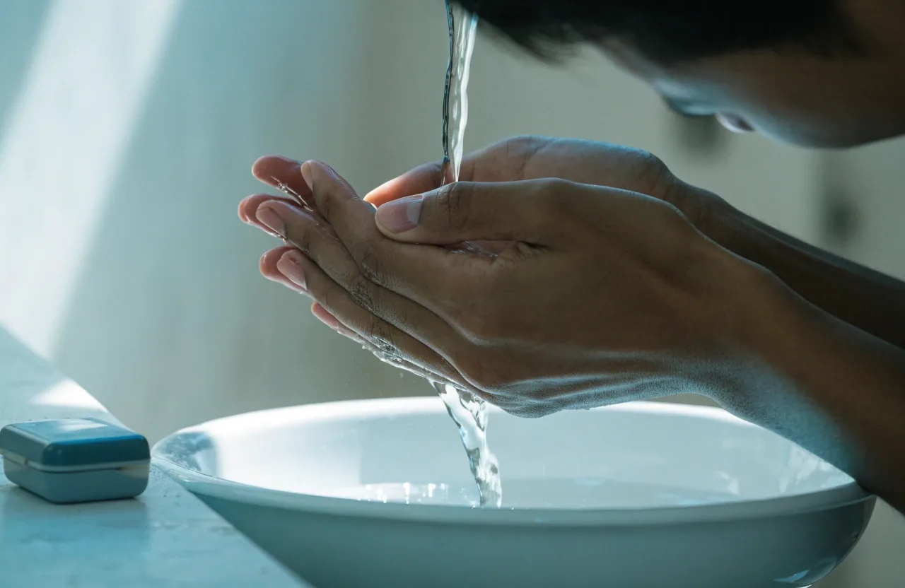 Clean bare hands being rinsed under running water over a plain white basin
