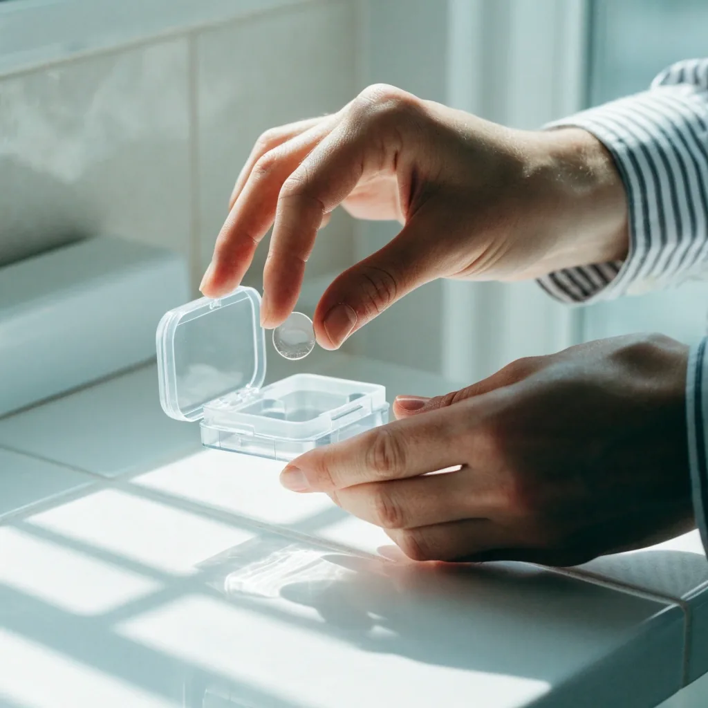 A single soft contact lens resting on a bare fingertip in cool daylight