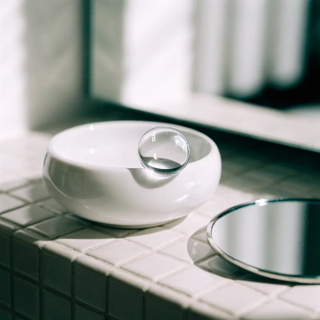 A clear contact lens solution bottle tipped mid-pour, a thin stream of liquid falling against a white bench