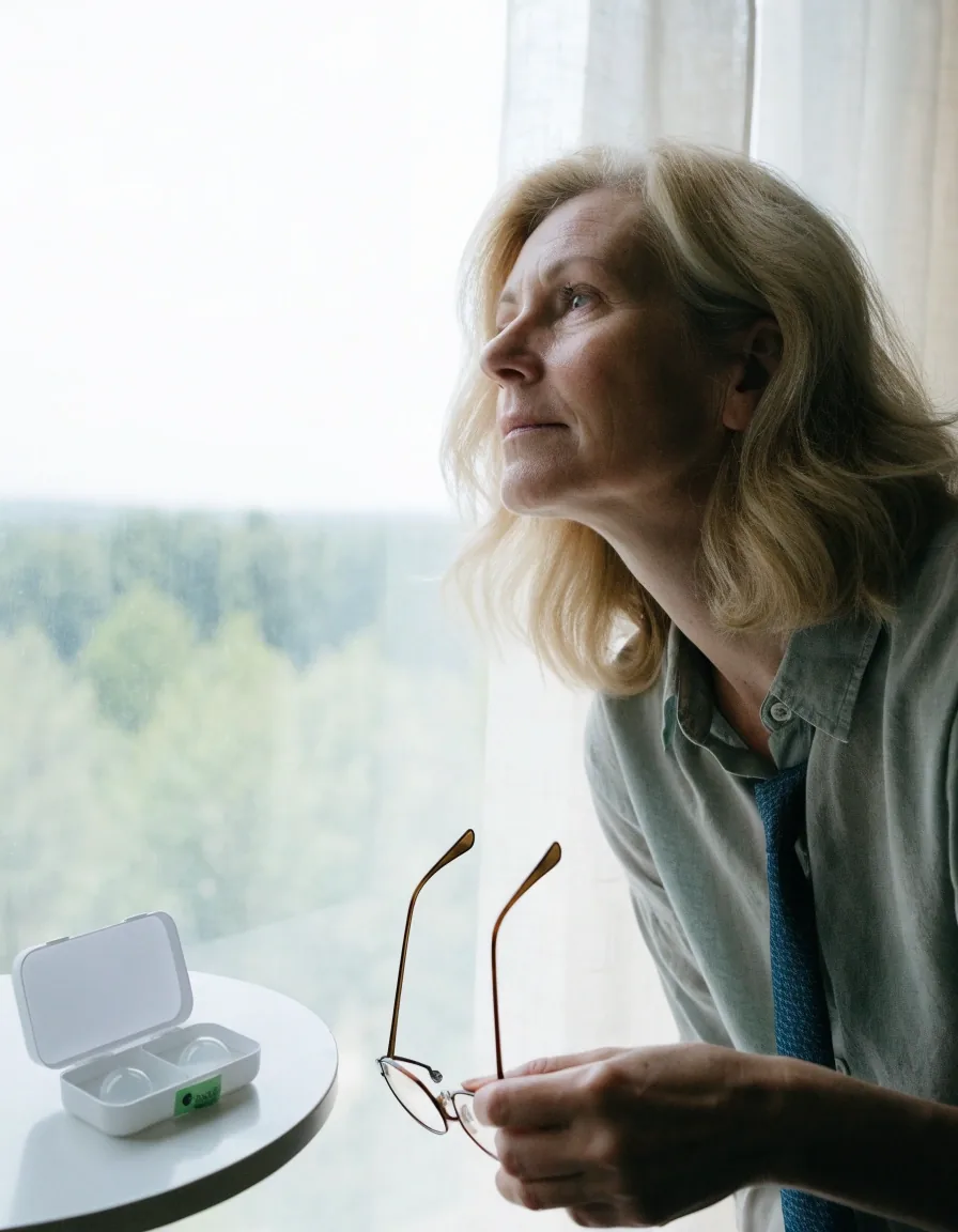 A woman near a bright window holding lowered reading glasses while looking into the middle distance