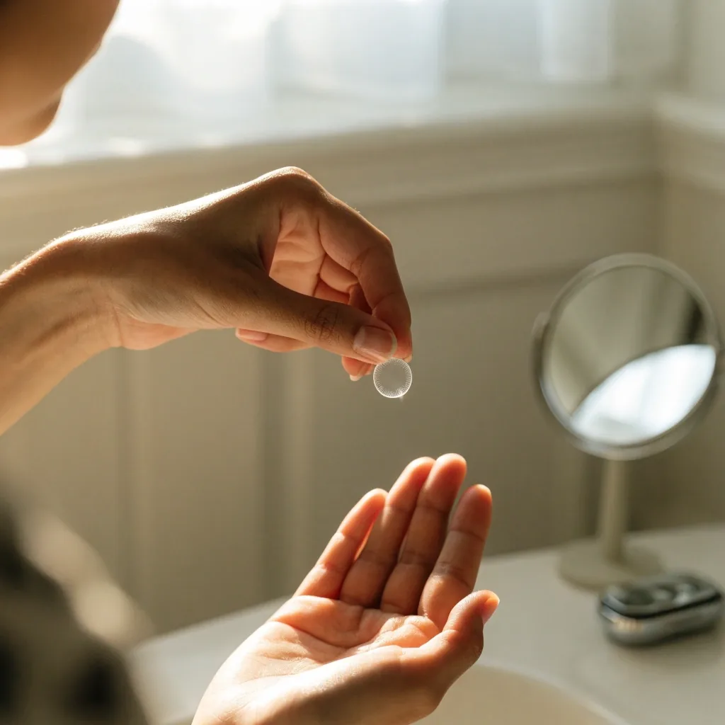 An open contact lens case with one lens floating in clear solution on a white bench in cool daylight