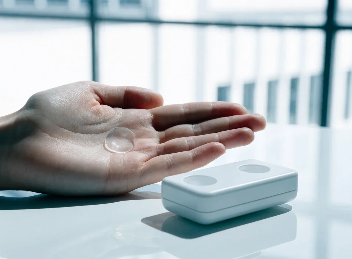 A clear soft contact lens resting in an open hand next to a plain lens case on a bright white surface